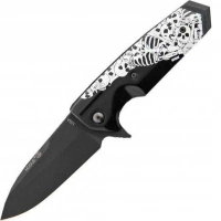 Складной нож Hogue EX-02 Spear Point Flipper, Custom Skulls & Bones, сталь 154CM Ceracote™ Firearm Coating, рукоять ABS-Пластик, черно-белый купить в 